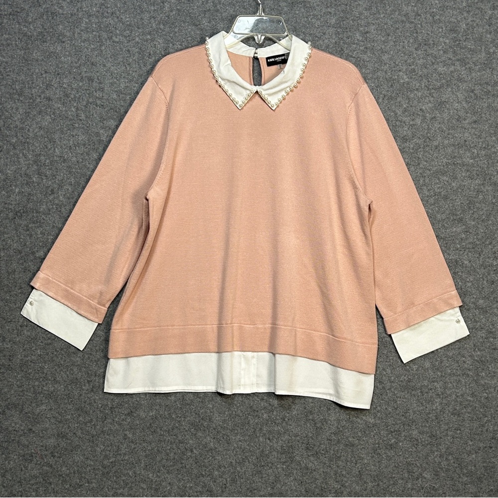 Karl Lagerfeld Size XL Twofer Pink Layered Look Sweater Pearl-Embellished Collar